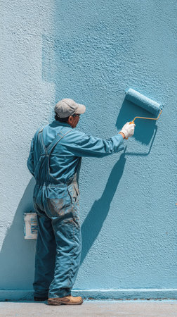 Vertical shot of a painter in blue overalls and a cap, seen from behind, applying bright blue paint to a rough textured exterior wall using a roller, with the unpainted lighter section visible.の素材