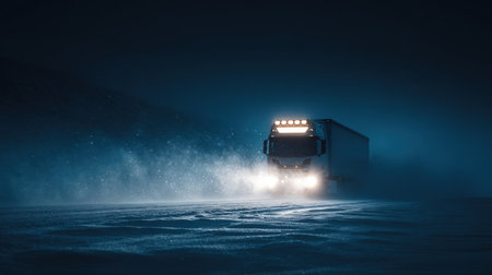 A dramatic, head-on view of a large semi-truck driving through intense snow and fog on a dark, cold night. Headlights brightly illuminate the falling snow, emphasizing urgent transport, winter logistics, and extreme weather trucking.の素材
