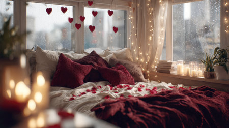 Romantic Valentine's Day Bedroom Setting: Cozy Bed Decorated with Red Velvet Pillows, Silk Rose Petals, Hanging Heart Decorations, Soft String Lights, and Candles on a Window Sill on a Rainy, Intimate Eveningの素材