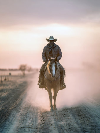 A moody, vertical shot of a strong cowboy in a hat and jacket riding his horse towards the camera on a dusty road at sunset. Captures the iconic western theme, freedom, adventure, and ranch life.の素材