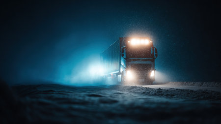 Dramatic low-angle shot of a powerful commercial semi-truck driving through a heavy snowstorm or blizzard at night. Highlights transportation, extreme weather, logistics, and long-haul trucking.の素材