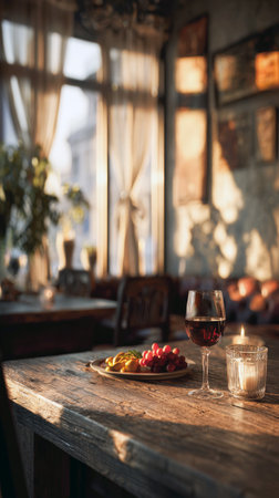 A single glass of red wine, grapes, and snacks on a rustic wooden table bathed in warm sunlight. Captures the intimate, cozy atmosphere of a traditional cafe or restaurant interior at sunset.の素材