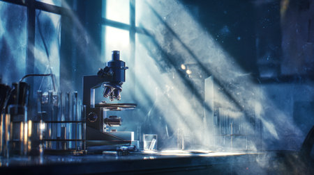 A dramatic, moody scene in a science laboratory featuring a classic microscope on a cluttered desk, illuminated by powerful diagonal shafts of sunlight highlighting dust particles in a dark, atmospheric setting.の素材