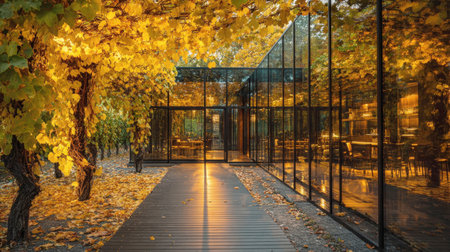 Striking Modernist Glass Architecture Nestled in a Vine-Covered Pergola, Showcasing a Sleek Restaurant Interior Bathed in the Golden, Warm Light of a Beautiful Autumn Sunset.の素材