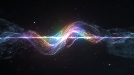 A dynamic, colorful 3D abstract visualization of a sinuous light wave or frequency oscillation in dark space. Symbolizes energy, sound, science, data, spectrum, and digital communication on a dark background.の素材