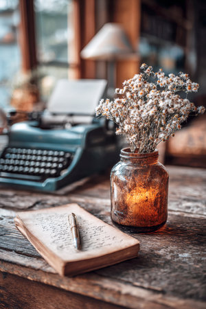 Nostalgic Writer's Desk Setup with a Vintage Blue Typewriter, Old Handwritten Notebook, Antique Ink Jar, and Dried Flowers in Rustic Sunlight.の素材
