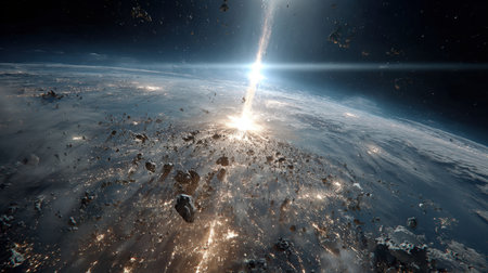 conceptual 3D render showing a massive energy beam or impact event striking planet Earth covered in glittering city lights, surrounded by chaotic swarm of large asteroids and meteors, illustrating global catastrophe or futuristic space war scenario.の素材