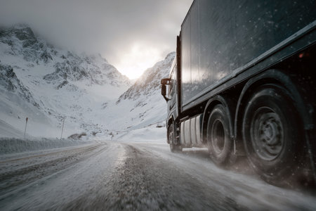 large black freight truck moving quickly on a slick, snowy mountain highway at sunrise or sunset. A dramatic, low-angle perspective emphasizes speed, challenging logistics, harsh winter weather, global trade, and transport in the alps.の素材