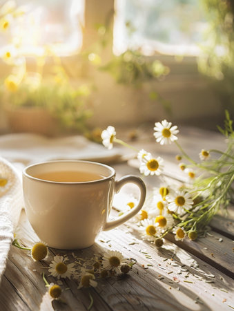 cup of warm chamomile tea resting on a rustic wooden table, surrounded by fresh chamomile flowers and bathed in bright, golden morning sunlight filtering through a soft-focus window. This tranquil scene evokes a sense of peace, relaxation, wellness.の素材
