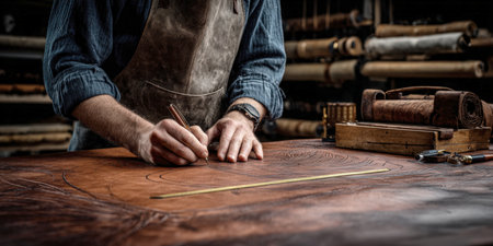 skilled artisan wearing a leather apron, meticulously tracing and engraving intricate patterns onto a large sheet of rich, brown leather using a stylus, showcasing the traditional craft of leatherworking in a dimly lit workshop environment.の素材