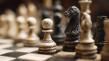 antique wooden chess pieces pawn, knight on a checkered board. The focus is on the frontline pieces, symbolizing strategy, battle, business planning, intellectual rivalry, logic, and classic games.の素材