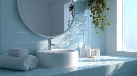 bathroom vanity featuring a clean white vessel sink, a large circular mirror, and walls covered in light aqua-blue square tiles. The space is illuminated by natural light from a window, highlighting rolled white towels and a hanging green plantの素材