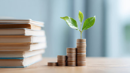 Conceptual image representing financial growth and investment in education. Coins are stacked like a bar graph with a seedling growing from the tallest stack, symbolizing return on investment and successful savings.の素材