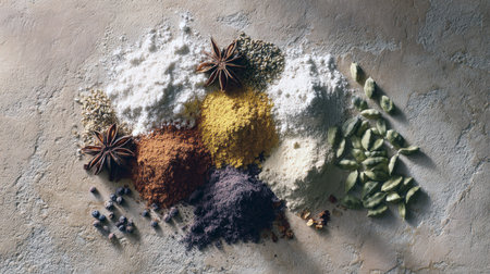 Artful Array of Aromatic Spices and Baking Ingredients: Overhead View of Piles of Colorful Powders Curry, Flour, Cocoa, Turmeric and Whole Spices Cardamom, Star Anise on a Textured Stone Surface.の素材