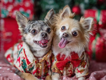Close-up portrait of two cute, long-haired Chihuahua dogs wearing holiday-themed Christmas jackets and a red bow tie. The dogs are happy and playful, posing in a festive setting with presents and a tree.の素材