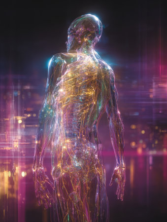 Cybernetic Human Body Visualization: Abstract 3D Render of a Translucent Figure with a Glowing, Intensely Lit Central Nervous System and Spine, Representing Technology, Data Flow, AI, Neurology, and Advanced Biomedical Science.の素材