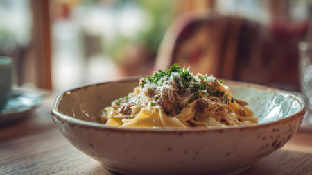 Gourmet Pappardelle Pasta Dish in a Rustic Bowl: Close-up of Fresh Italian Noodles Topped with Rich Ragu, Grated Parmesan Cheese, and Parsley, Served in a Cozy Restaurant Setting with Warm, Blurred Background Light and Focus on Culinary Detail.の素材