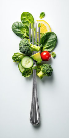 Creative, minimalist vertical shot of a silver fork loaded with fresh, raw vegetables and a lemon slice, including spinach, broccoli, avocado, and a cherry tomato. A clean concept for healthy eating, diet, and wellness.の素材