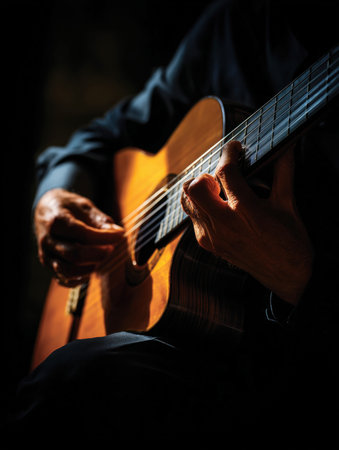 musician playing a classical wooden guitar. The hands, dramatic lit, focus on the intricate finger work on the fretboard, conveying passion, concentration, and the artistry of music, perfect for themes of flamenco, jazz, and musical masteryの素材