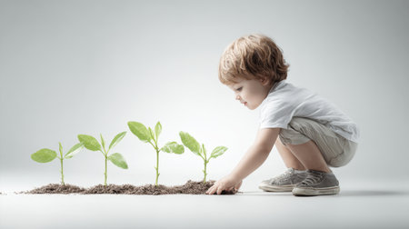 A young child, crouched down, gently touches the soil next to a row of vibrant green seedlings that illustrate stages of growth. Powerfully conveys themes of environmental responsibility, nurturing, future development, and investment.の素材