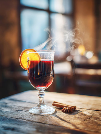 A glass of steaming hot mulled wine garnished with an orange slice, cinnamon, and star anise, sitting on a rustic wooden table. Captures the cozy atmosphere of winter and holiday drinks.の素材