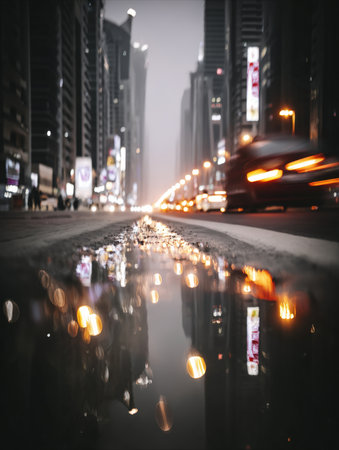 Atmospheric, low-angle view of a wet city street at night, capturing the reflection of blurred orange car lights and building advertisements in a roadside puddle. Perfect for urban, travel, and moody background themes.の素材