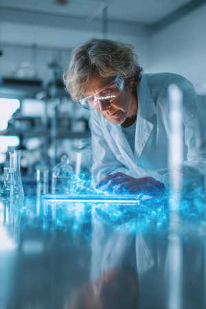A focused female senior scientist working in a modern, dark laboratory. She is intensely analyzing a glowing, holographic 3D molecular structure displayed on a futuristic tablet, symbolizing innovation in chemistry and research.の素材
