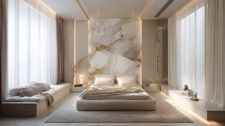 Luxurious Modern Bedroom Interior. Elegant Minimalist Design Featuring a Stunning Marble Accent Wall, Ambient Lighting, and Floor-to-Ceiling Sheer Curtains in Neutral Tones.の素材