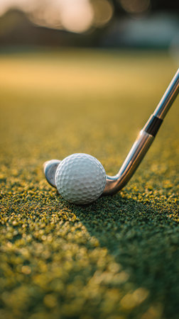 A macro, vertical shot capturing a white dimpled golf ball resting on vibrant green grass, poised right next to a chrome putter club head, illuminated by the warm, soft light of the setting sun, focusing on the details of the game.の素材
