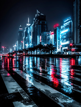 Vibrant Cyberpunk Cityscape at Night. Crosswalk Reflections and Neon Lights on Wet Pavement in a Modern Metropolis. Dramatic nocturnal cityscape with a wet street reflecting the vivid blue and red neon lights of towering skyscrapers.の素材