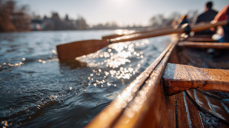 Golden Hour Crew Row: Sunlit Oars and Sparkling Water Capturing Teamwork, Athleticism, and the Serene Beauty of Competitive Rowing on the River.の素材