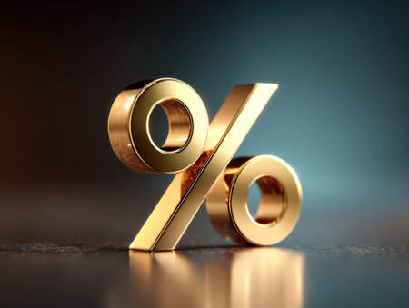 Luxurious 3D Gold Percentage Symbol. Striking Close-Up Rendering of the Percent Sign Highlighting Finance, Discount Rates, Investment Growth, and Economic Success. This image powerfully symbolizes finance, banking, discounts, growth, interest ratesの素材