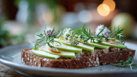 Gourmet and Healthy Open-Faced Sandwich on Dark Rye Bread Spread with Pate or Hummus, Topped with Thin Green Apple Slices, Microgreens, Rosemary, and Edible Flowers on a Ceramic Plate.の素材