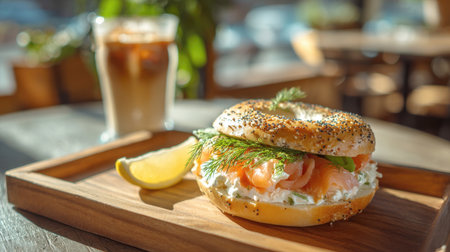 Gourmet everything bagel loaded with premium smoked salmon, generous schmear of herbed cream cheese, and fresh dill, served with a bright lemon slice and a refreshing iced coffee on sunny wooden board. Perfect for food, restaurant, lifestyle projectsの素材