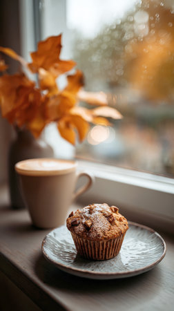 Autumnal scene featuring a fresh baked muffin and a cup of warm coffee or latte art on a windowsill during a rainy day. Orange maple leaves in a vase create a cozy, hygge atmosphere, perfect for themes of comfort, baking, and fall weather.の素材