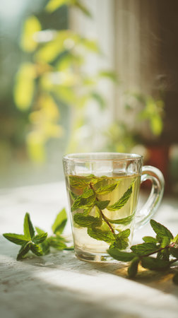 Clear glass mug filled with golden herbal infusion tea, featuring vibrant, fresh mint sprigs. Steaming beverage rests on a rustic wooden table, illuminated by gentle morning light streaming through a bright window, emphasizing natural, healthy livingの素材