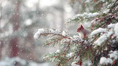 Captivating wildlife shot of a cute red squirrel perched on a heavy, snow-covered spruce or pine branch. The gentle falling snow and soft focus background capture the serene beauty of the winter season and cold weather environmentの素材