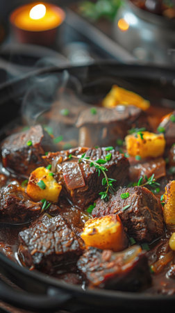 Vertical, macro shot of a hearty, flavorful slow-cooked beef stew, ragout, or bourguignon. The dark, atmospheric lighting and steam rising from the dish create an appetizing and rustic feel, perfect for holiday menus or comfort food.の素材