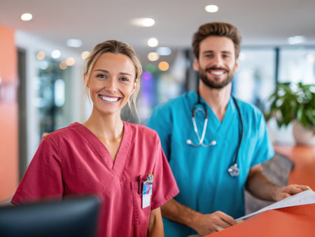 female nurse in magenta scrubs and a male doctor in blue scrubs with a stethoscope are standing at hospital or clinic reception desk, smiling directly at camera. They represent dedicated medical teamwork, professional care, excellent patient serviceの素材