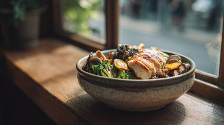Appetizing close-up of a delicious and nutritious Buddha bowl or power bowl featuring grilled chicken, roasted carrots, broccoli, and mushrooms over a base of mixed grains on a sunlit wooden windowsill, promoting clean eating and healthy lunch ideas.の素材
