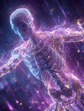 abstract and futuristic 3D render of a glowing human skeleton and rib cage, enveloped and surrounded by neon electric currents, nerve signals, and abstract energy lines in vivid purple, blue, and gold tones. Representing life force or digital data.の素材