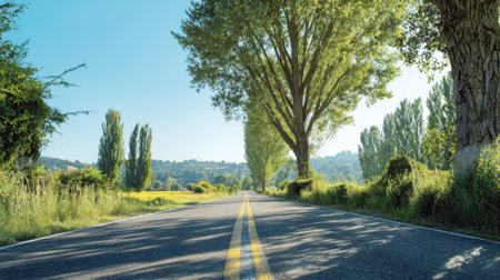 A wide-angle, low perspective shot of a straight paved road bordered by lush green trees and foliage under a clear blue sky. The yellow center lines lead the eye towards a distant rural landscape, symbolizing journey, travel, freedom, open road.の素材
