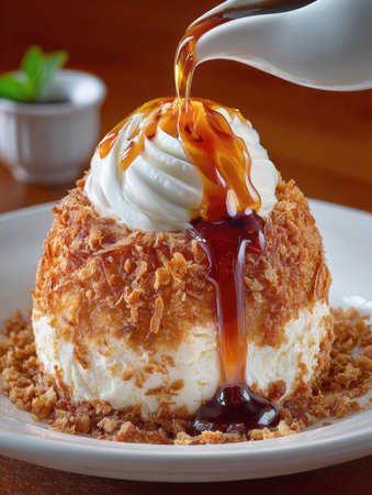 A dramatic vertical close-up of a fried ice cream dessert coated in a crispy, golden crust, topped with a swirl of whipped cream as a rich caramel or chocolate sauce is poured over it from a white gravy boat. A decadent and indulgent treat.の素材