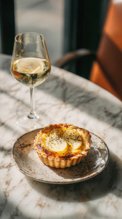 A single serving of a baked savory tart or quiche topped with potato slices and poppy seeds, served on a marble plate. A tall glass of white wine stands beside it, lit by direct sunlight and shadow, highlighting a fine dining appetizer or lunch.の素材