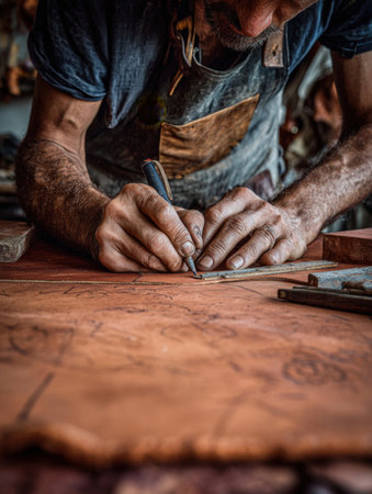 Intense vertical close-up of a craftsman's hands wearing a leather apron, meticulously using a pencil to mark or draw a design on a warm, smooth leather or wooden surface, emphasizing detail, skill, manual labor, and traditional craftsmanship.の素材