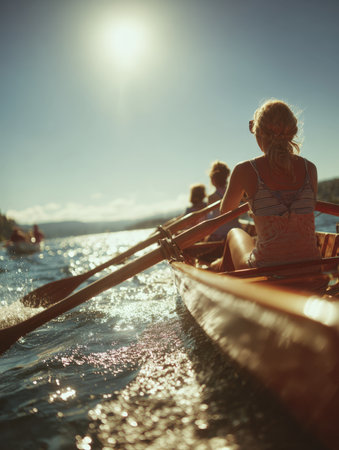 Low-angle, dynamic shot of a women's rowing team paddling hard on a sunny lake, with sun flare and water splashing. Focus on teamwork, summer sport, and physical activity during a golden hour workout.の素材