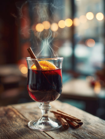 Close-up of hot, steaming mulled wine in a glass, garnished with cinnamon and orange. Served on a wooden table with a warm, blurred background of cafe lights. Perfect for holiday and winter concepts.の素材