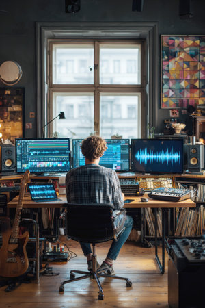 Man working on three monitors and a laptop in a cozy, professional home music studio. Focus on audio editing software, synthesizers, and instruments like a bass guitar. Concept for creative work and music production.の素材