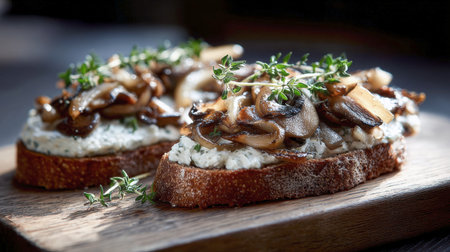 Close-up of two gourmet mushroom bruschettas on sourdough bread, spread with herbed ricotta cheese and topped with caramelized mushrooms and fresh thyme. Delicious, rustic, and healthy appetizer or snack. Perfect for food blogs and menus.の素材