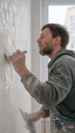 A close-up vertical shot of a focused, bearded male craftsman, covered in plaster dust or paint, using a brush to work on a wall with an intricate raised damask or baroque pattern. Highlights detailed home renovation work and restoration efforts.の素材